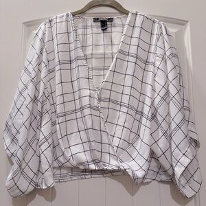 Forever 21 White & Black Windowpane Wrap Blouse